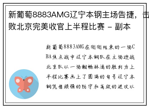 新葡萄8883AMG辽宁本钢主场告捷，击败北京完美收官上半程比赛 - 副本