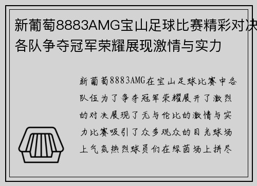新葡萄8883AMG宝山足球比赛精彩对决各队争夺冠军荣耀展现激情与实力