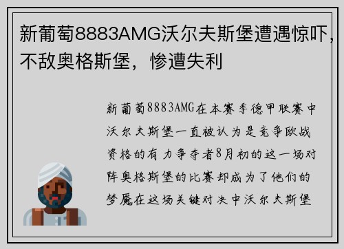 新葡萄8883AMG沃尔夫斯堡遭遇惊吓，不敌奥格斯堡，惨遭失利