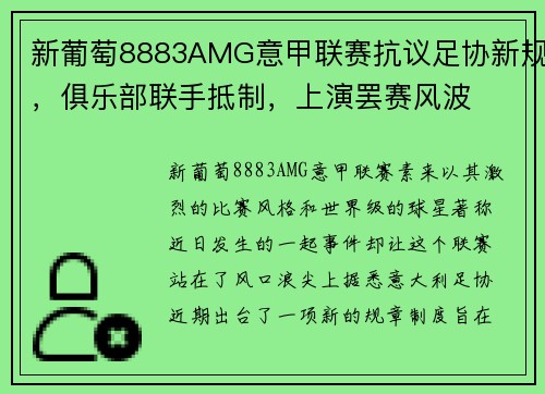新葡萄8883AMG意甲联赛抗议足协新规，俱乐部联手抵制，上演罢赛风波