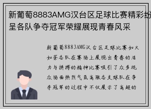 新葡萄8883AMG汉台区足球比赛精彩纷呈各队争夺冠军荣耀展现青春风采